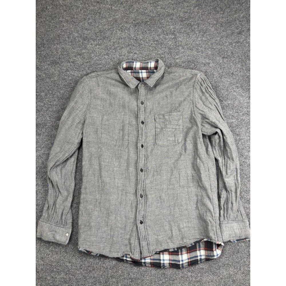 FAHERTY Reversible Shirt Mens Medium Gray Twill Plaid Long Sleeve Button‎ Front
